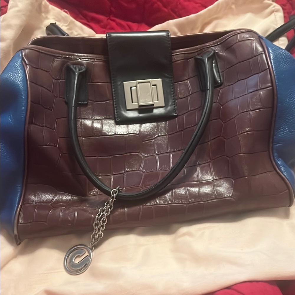 Charles Jourdan Brown and Blue Crocodile-Embossed Women's Bag
